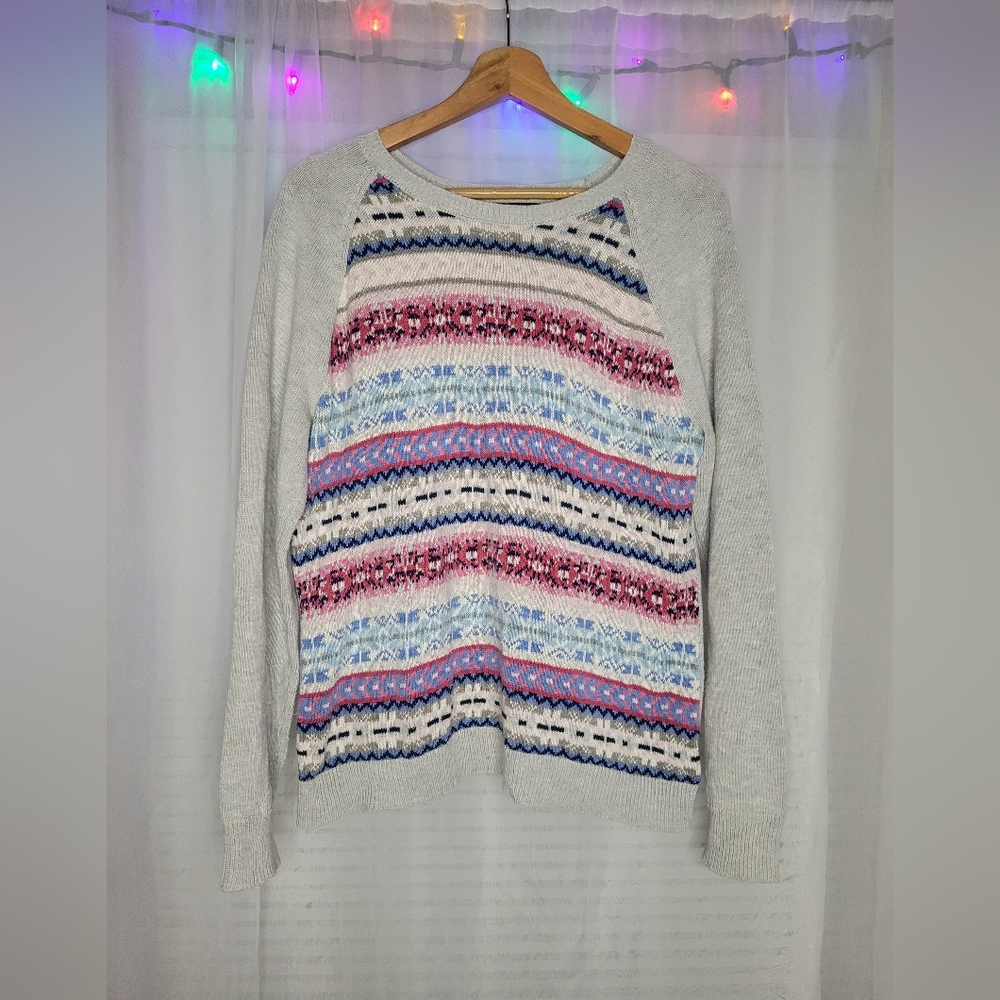 Chaps Fair Isle Sweater XL Oatmeal Grey Crewneck Blue Pink Winter Cozy Pullover